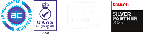 Certified Logos - Approachable Registered | UKAS Management Systems 8320 | DBS Checked | Canon Silver Partner 2023 | 10832 / ISO 9001